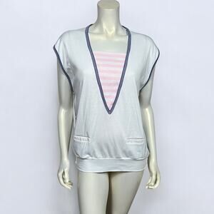 Jantzen Pink Striped Sleeveless V-Neck Cotton Top XL White Navy Made in USA